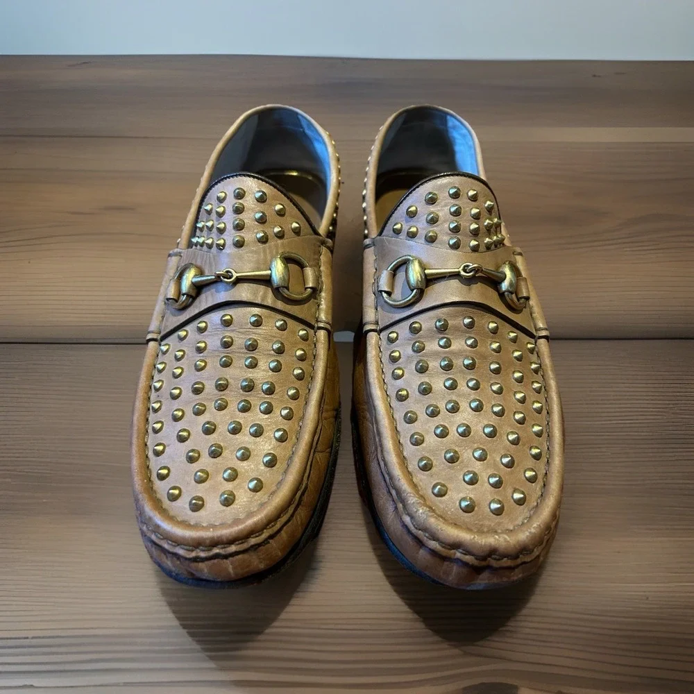 Gucci Brown Studded Leather Horsebit Loafers